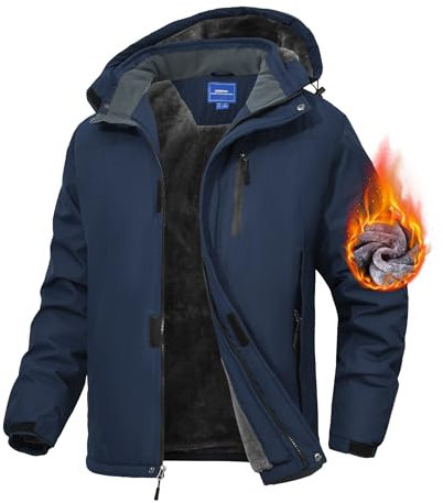 Zoofly Herren Winterjacke Winddichte Skijacke Camping Fleecejacke Atmungsaktiv Abnehmbarer Kapuze Snowboardjacke Mit Tasche For Männer Dunkelblau-XXL