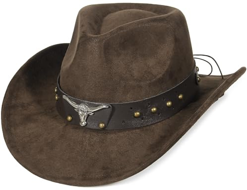 EOZY Suede Cowboy Hats for Men and Women Cowgirl Hat Roll Brim Adjustable Western Cowboy Hat with Leather Belt