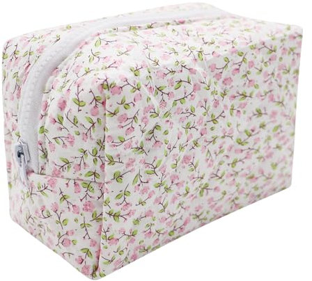 Trousse trapuntata cosmetica floreale morbido cotone pennelli oggetti rosa 5 dischetti