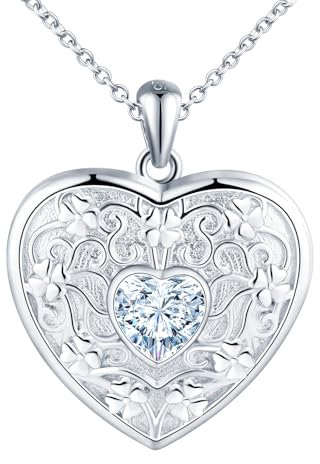 Herz Medaillon zum Öffnen für Bilder Halskette Damen Silber 925 mit Kristalle:Kleeblatt Foto Kette Bilder Anhänger Halskette-Mode Glück Amulett Schmuck-Geschenk für Frauen Mama Freundin Mädchen Weiß