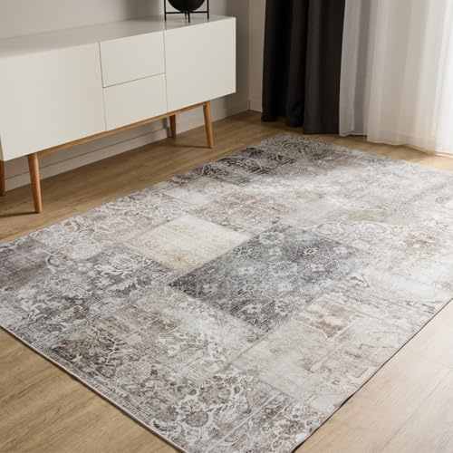benuta Basic Waschbarer Teppich George - Grau 140x200 cm - Kunstfaser - Rechteckig & im Style: Vintage, Ethno-Style, Shabby Chic - Pflegeleicht für Wohnzimmer Schlafzimmer