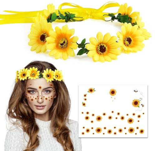 BOOMTOP Blumenkranz Sonnenblume Haare Blumen Haarreif Sonnenblumen mit Temporäre Tattoos Gänseblümchen Gesichtstatoos Stirnband Karneval Braut Haarschmuck für Damen Mädchen Hochzeit Strand Sommer