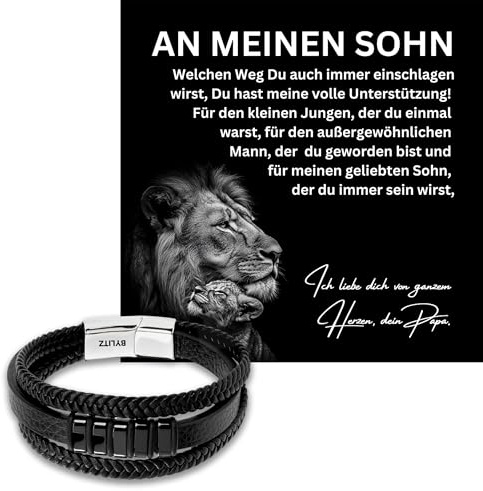 Leder Armband personalisiert mit LED Geschenk-Box An meinen Sohn Mann Schatz Geschenk mit Glückwunschkarte für Männer Herren Jugendliche Jungen Geburtstag Weihnachten (Löwe V1 | Schwarz, 21cm)