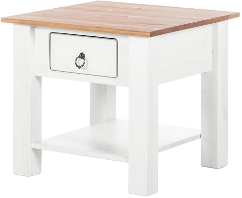 möbelando Beistelltisch >Tine< Beistelltisch „Tine“ aus Kiefernholz in Weiß mit Schublade, 1 Fach, antikem Messinggriff, Höhe 45 cm, Breite 50 cm, Tiefe 50 cm, massives Holz, modernes Design.
