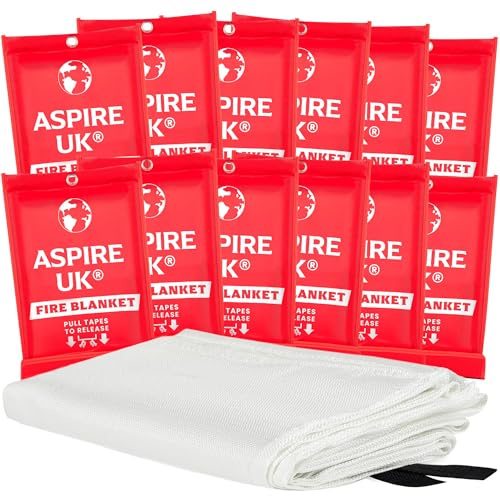 ASPIRE UK 12 Pack Emergency Fire Blanket 40 x 40 for Kitchen & Home – Quick Release Pull Tabs, Wall Mount Fire Suppression Blanket for Cooking, BBQ, Caravan, Boat, Office & Garage