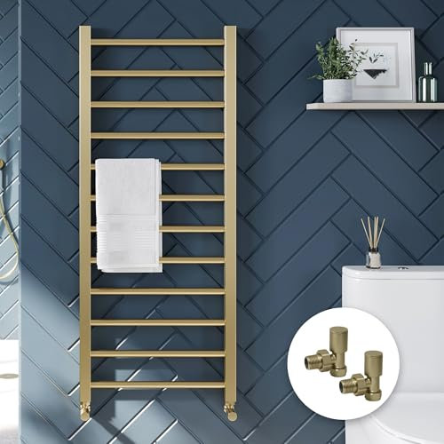 Brushed Brass Bathroom Straight Heated Towel Rail Radiator 500 x 1600 & Angled Manual Valves