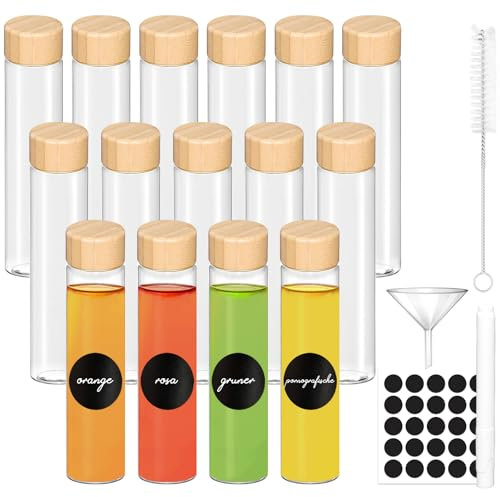 Lot de 15 petites bouteilles en verre à remplir de 60 ml avec couvercle, mini flacons avec entonnoir, étiquettes, stylo, pour le gingembre, les huiles essentielles, le whisky