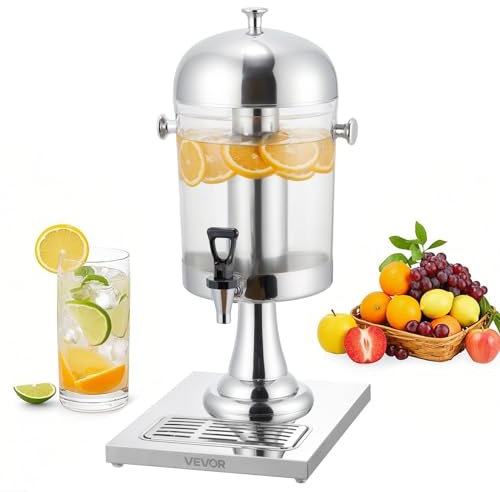 VEVOR Distributeur de Boissons Capacité 8 L, Fontaine à Eau en Acier Inoxydable et Plastique, avec Robinet, Compartiment à Glace et Plateau, Distribution de Jus Limonade Thé Glacé, Restaurant Café