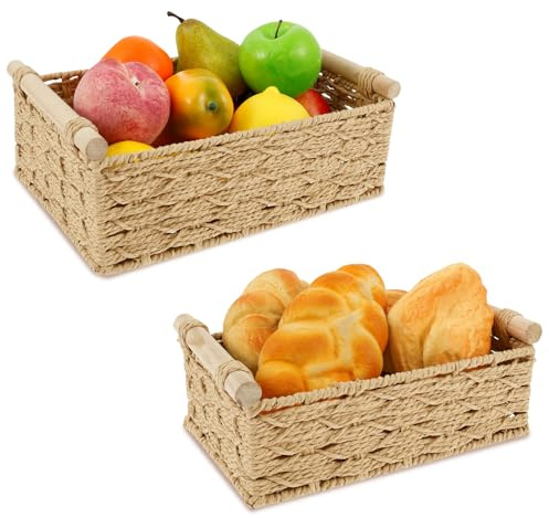 2 Stück Aufbewahrungskorb Geflochten, Dekokorb aus Wasserhyazinthe mit Holzgriffen Korb AufbewahrungStapelbare Körbchen Boho Deko aus Papierseil für Wohnzimmer Küchen Kinderzimmer Bad Kleine Körbe(B)
