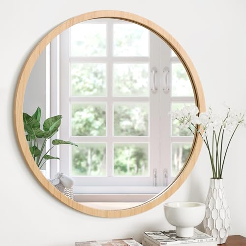 JJUUYOU Wandmontierter Spiegel, rund, 40 cm, Vintage-Holzrahmen, Spiegel, runde Spiegel für Badezimmer, Wohnzimmer, Schlafzimmer, Schlafsaal, Waschraum, Leinsamen