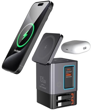 6-in-1 GaNFast 105W Charging Dock with 15W Wireless Charger, Dual 65W Retractable Type-C Cables, 20W USB-C Port, 18W USB-A, Wireless Earbuds Charging, Touch LED Light