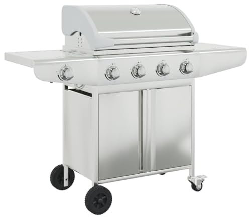 Gasgrill, Grillwagen mit 5 Brennern, silberfarben, Edelstahl
