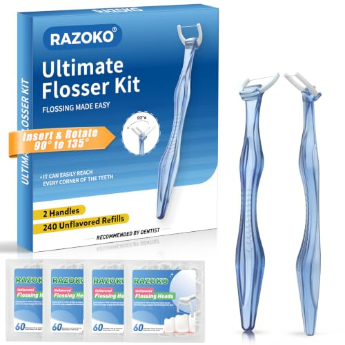 Zahnseide Sticks für Zahnspangen, 135°gewinkelter Reiniger,Blau | 2 rutschfeste Langgriffe,240 reißfeste Aufsätze, PTFE- & PFAS-freie Faser,ergonomisch für enge Zahnzwischenräume