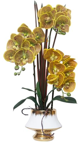CXGS Orchids Artificial Flowers Real Touch Fake Flower in Ceramic Pot 20 Yellow Spots Faux Orchid Plant Lifelike Silk Phalaenopsis for Centerpiece Hotel Home Indoor Decor