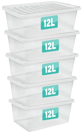 Optimal Products 5 x 12 Litre Clear Plastic Storage Box With Lids UK BRITISH MADE Home Office Stackable Nestable Transparent Plastic Boxes, Size 5,11,24,28,35,45,62 Litre (5 Boxes, 12 Litre)