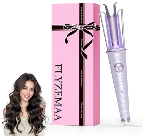 FLYZEMAA Lockenstab Automatisch 25mm, Lockenstab Große Locken und Beach Waves mit 4 Temperaturstufen, Negativ-Ionen Lockenwickler für glatteres Haar, Verbrühungsschutz, EU-Plug Dual-Spannung, Lila