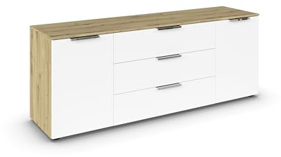 Rauch Möbel Flipp, Kommode, Farbe Weiß/Eiche Artisan, Breite 160 cm | Sideboard, 2-türig, 3 Schubladen, Soft-Close-Funktion, für Schlafzimmer, Gästezimmer, Wohnzimmer, Garderobe, Flur
