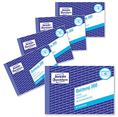 AVERY Zweckform 300-5 Quittungsblock (A6 quer, 50 Blatt, fälschungssicher, inkl. MwSt., mit 1 Blatt Blaupapier, für Deutschland und Österreich) 5er Pack weiß