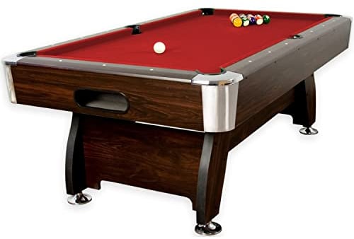 GAMES PLANET 7 ft Billardtisch Premium“ + Zubehör, 9 Farbvarianten, 214x122x82 cm (LxBxH), Dunkles Holzdekor, rotes Tuch