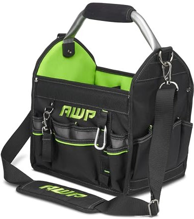 AWP 12 Inch Pro Tool Tote with Rotating Handle for Easy Tool Access, Water-Resistant Construction, Black/Green