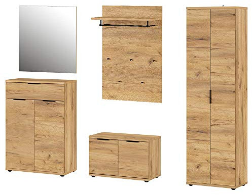 Germania 5-TLG. Garderoben-Set 8556-243 GW-Fremont, bestehend aus Schuhschrank, Spiegel, Schuhbank, Garderobenpaneel und Garderobenschrank, im Dekor Navarra-Eiche-Nb.