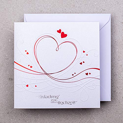 Art Nuvo HOCHZEITSEINLADUNGEN - SATZ 20 St, 135x135mm MIT BEDRUCKBAREN EINLAGEN UND UMSCHLÄGEN FÜR HOCHZEIT – ROTE FOLIE, GEPRESSTES MUSTER AUF METALLICPAPIER, ZAP_DE_07