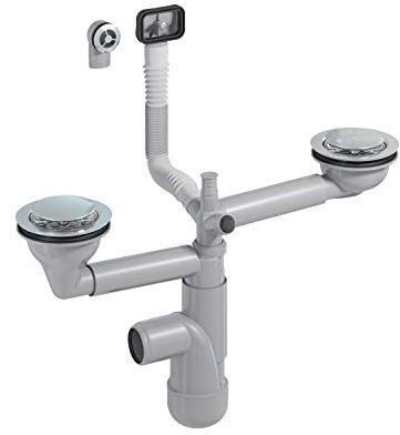 PREVEX Flexloc Siphon, platzsparend, universal, komplett mit 1,5 oder 2 Becken inkl. Ablaufgarnitur, Magnetabdeckung und 2 Überläufen für Küchenspülen/Spülbecken | aus recyceltem Kunststoff