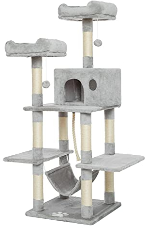 Meerveil Arbre à Chat Griffe de Chat Cadre d'escalade de Chat Planche à Gratter Jouet Boule de Cheveux Suspendu Double Plateforme, Hamac, Hauteur 150cm (Gris Clair)