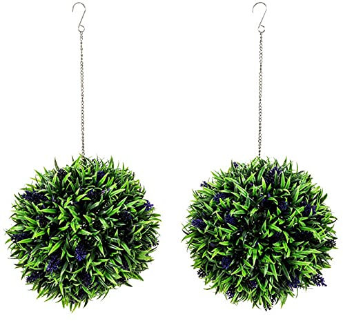 Metro Garden 30cm Lavender Topiary Ball, Artificial Outdoor Plants Hanging Topiary, Green (Pack of 2)