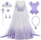 New front Déguisement Princesse Elsa Fille Robe de Princesse Reines des Neiges 2 Manches Longues Costume et Accessoires Noël Halloween Anniversaire Robe de Cosplay Couronne Baguette,Violet,150