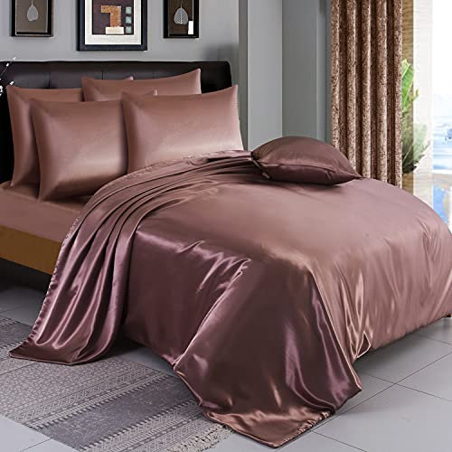 ZIMEL HOMES Parure de lit 6 pièces en satin avec housse de couette, drap-housse, 4 taies d'oreiller | Parure de lit complète et soyeuse (rose pâle, très grand lit)
