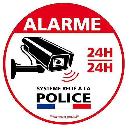 Panneau dissuasif “ALARME, Système relié à la Police”. Panneau en aluminium à fixer. Plaque en aluminium rigide. Panneau d’alarme 24h/24h.