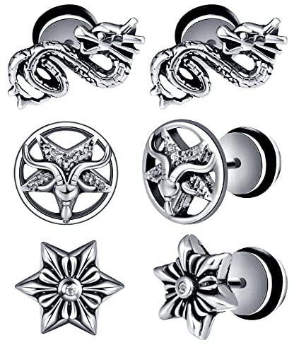 Feilok 3 Paare Herren Ohrringe Ohrstecker Set Creolen Edelstahl Silber Sechszackiger Stern Drachen Schafkopf Creolen Ohrringe Huggie Piercing für Männer