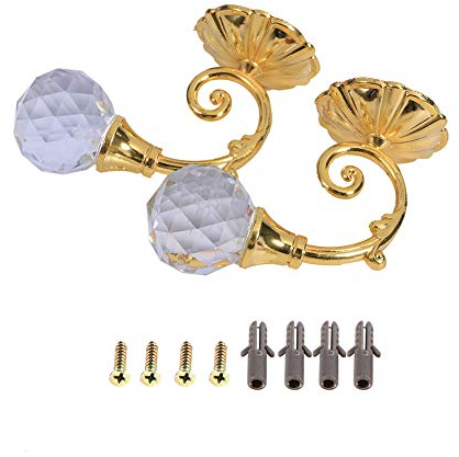 YUMILI Vorhang-Halterungen, 1 Paar Metall-Kristallglas-Vorhang-Halterung, Wand-Fenster-Vorhang-Raffhalterhaken (Gold)
