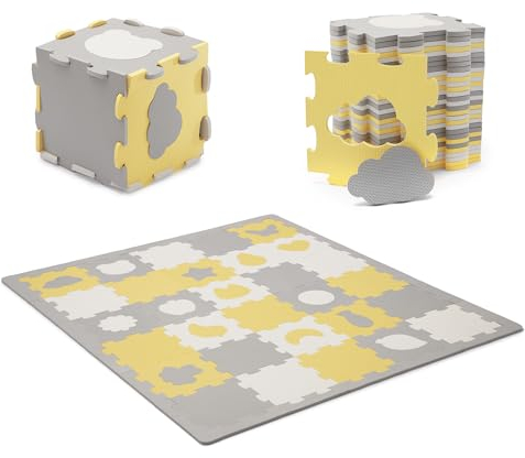 Kinderkraft LUNO Shapes Spielmatte, Puzzlematte 185 x 165 cm, Spieldecke ab Geburt, Wasserfest, 30 Puzzles, Transporttasche im Set, 3D Formen, Schutz vor Bodenkälte, Gelb