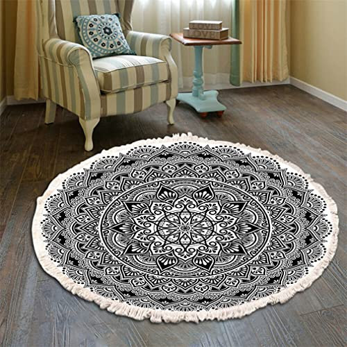 Teppich Rund Bohemian Blume Groß Teppich Mandala Muster Quasten Waschbarer Baumwolle Teppich Wohnzimmer Schlafzimmer (200cm,Weiß-Schwarz)