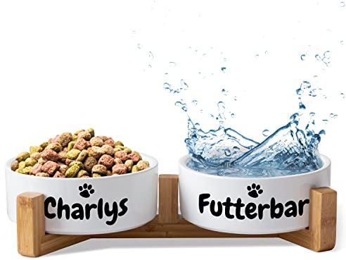 Keramik Doppelnapf mit Name oder Wunschtext für Hunde & Katzen - personalisiertes Napf-Set mit/ohne Ständer| Hundenapf Futternapf Fressnapf | große kleine Vierbeiner Futterstation (2X 500ml, Gestell)