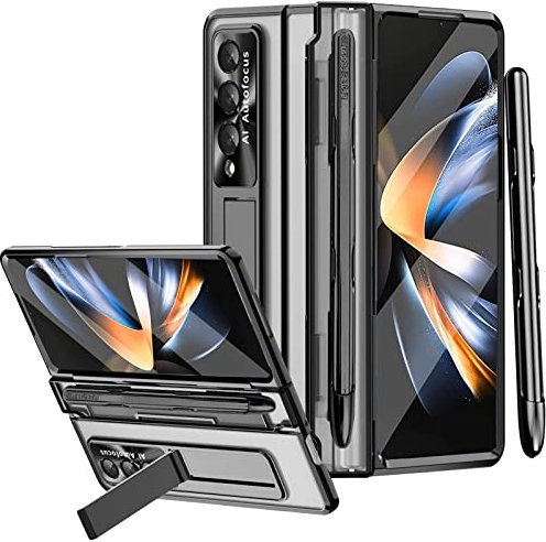 Miimall Handyhülle Kompatibel mit Samsung Galaxy Z Fold 4 Hülle mit S Pen, Transparent PC Schutzhülle mit Stift Halter + Displayschutzfolie + Ständer Hülle für Samsung Galaxy Z Fold 4 5G Schwarz