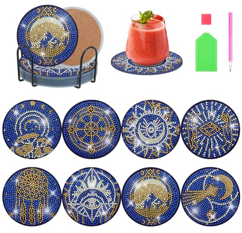 Kinsinder 8pcs Diamant Peinture Dessous de Verre avec Support, Rond sous-Verres Art de Diamant, Tasse Boissons sous-Verres Dessous Verres de Table pour Adultes Artisanat (Vintage Bleu)