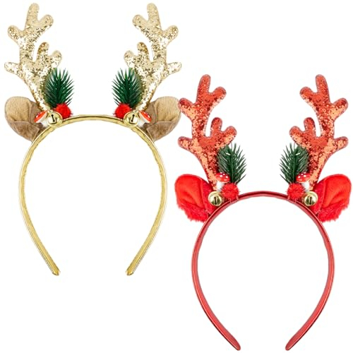 Bluelves 2 Stücke Glitzer Weihnachten Haarreif,Neuheit Xmas Weihnachtsfeier Kopfschmuck Set,Rentier Geweih Haarreifen Party für Kinder Erwachsene