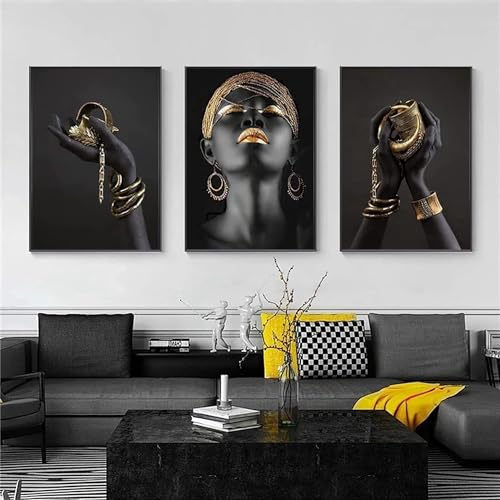 Poster moderne pour femmes africaines dorées et noires, pour salon et chambre à coucher, décoration de la maison, sans cadre (style 1, 60 x 90 cm x 3)