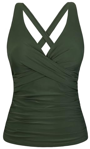 Firpearl Damen-Tankini-Top mit Bügel, gedrehter V-Ausschnitt, Badeanzüge für große Brust, gerüscht, Bauchkontrolle, Badeanzüge, Deep Army Green, 18