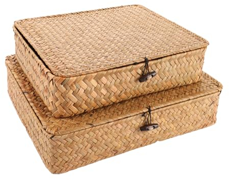 APACALI 2 Stück Seegras Korb mit Deckel, Rechteckig Rattan Korb mit Deckel, Natürlicher Seegras Geflochten Korb, Weidenkörbe für Regale, Organisation von natürlichem Seegras, 2er-Set