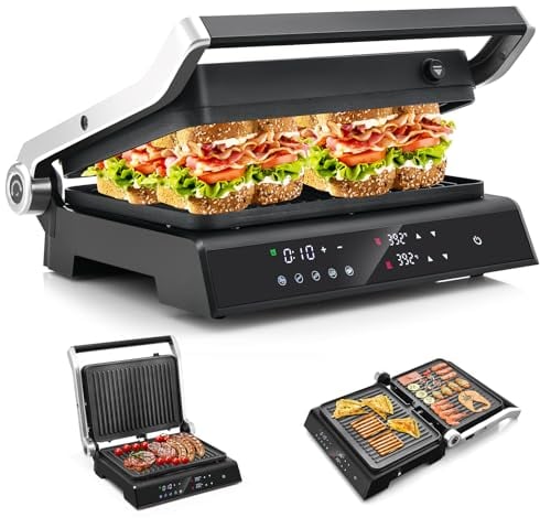 COSTWAY 3 in 1 Electric Health Grill & Panini Press, 5 Auto Modes Sandwich Toaste Maker with Non-Stick Coated Plates, LED Touch Panel, Temperature Control, 4H Timer & Drip Tray (Tempered Glass Top)
