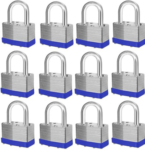 12 Keyed-Alike Padlocks Shackle, 24 Keys, Hardened Steel Case, 40mm 1-9/16 Padlocks for Hasp Latch, Sheds, Fences, Storage Locker, School, Gym 12 Pack