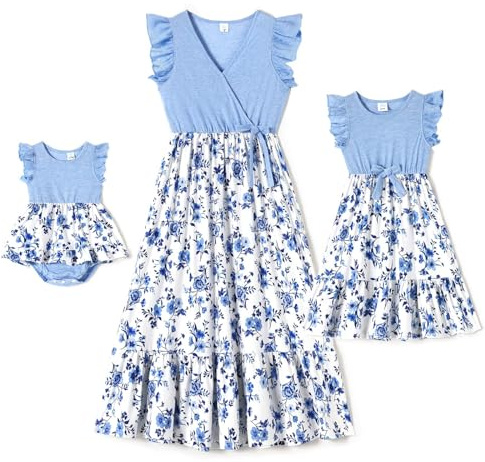 IFFEI Mutter Tochter Kleider Partnerlook Midikleid mit Flattersärmeln & Tupfen, Sommerliches Set für Mama & Mädchen Ideal für Familienfotos & Freizeit