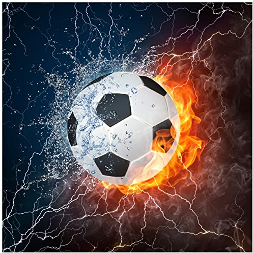 Wallario Glasbild Fußball - Feuer und Wasser - 50 x 50 cm Wandbilder Glas in Premium-Qualität: Brillante Farben, freischwebende Optik