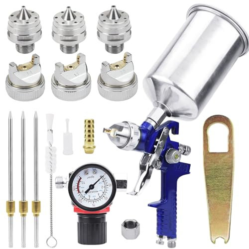 HVLP Gravity Feed Air Spray Gun: Mini Spray Gun with 1000CC Aluminum Cup 3 Nozzle 1.4MM 1.7MM 2.0MM Paint Sprayers Air Pressure Regulator Airbrush Painting Tool Kit for Cars Wall Furniture