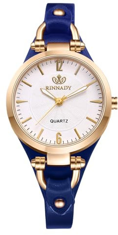 JewelryWe Uhren Damen Leder Klein: Blau Vintage Klassische Analog Quarz Armbanduhr Frauen Geschäft Lässige Uhr Damenuhr mit Punk Schmal Dünnem Leder Armband