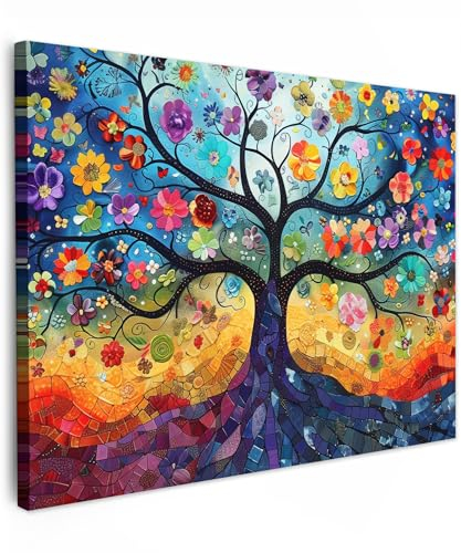MuchoWow© Leinwand 70x50 cm Deko Schlafzimmer Aesthetic Leinwandbilder Wohnzimmer Gemälde Foto Geschenk Living Room Decoration Kunst - Baum des Lebens - Blumen - Hippie